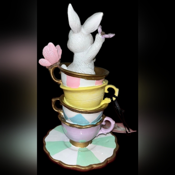 Tophat & Toil Easter bunny in stacked tea cups with Butterflies 7 In Resin - Picture 4 of 8